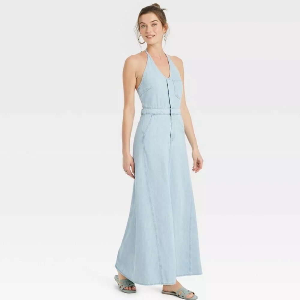 Cutout back strap Denim Halter Maxi Dress NWT